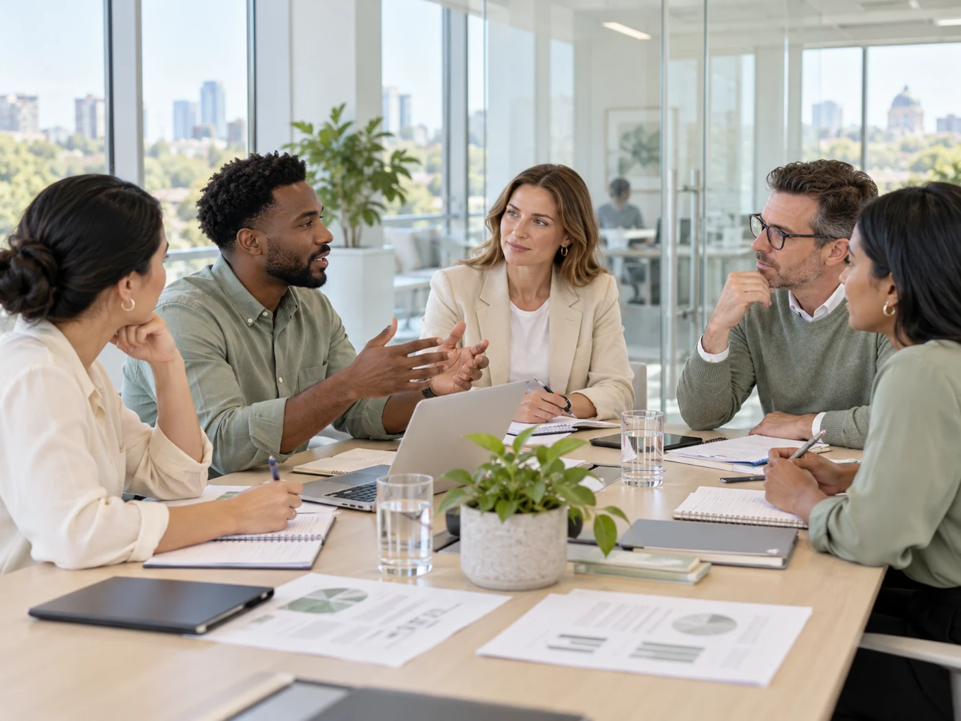 Professionals discussing requirements in a bright office meeting