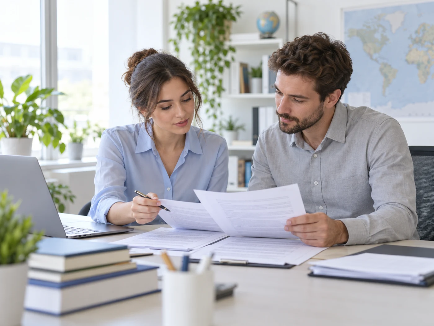 Language professionals reviewing documents in a bright office